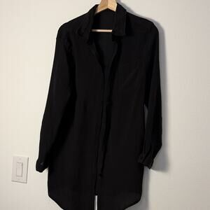 BSUBSEACH Black Solid Woven Collared Button-Up Long Sleeve Rayon Blouse One Size